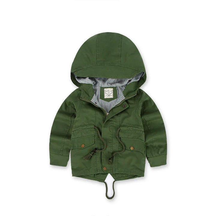 Green toddler hooded jacket with striped inner lining and front pockets