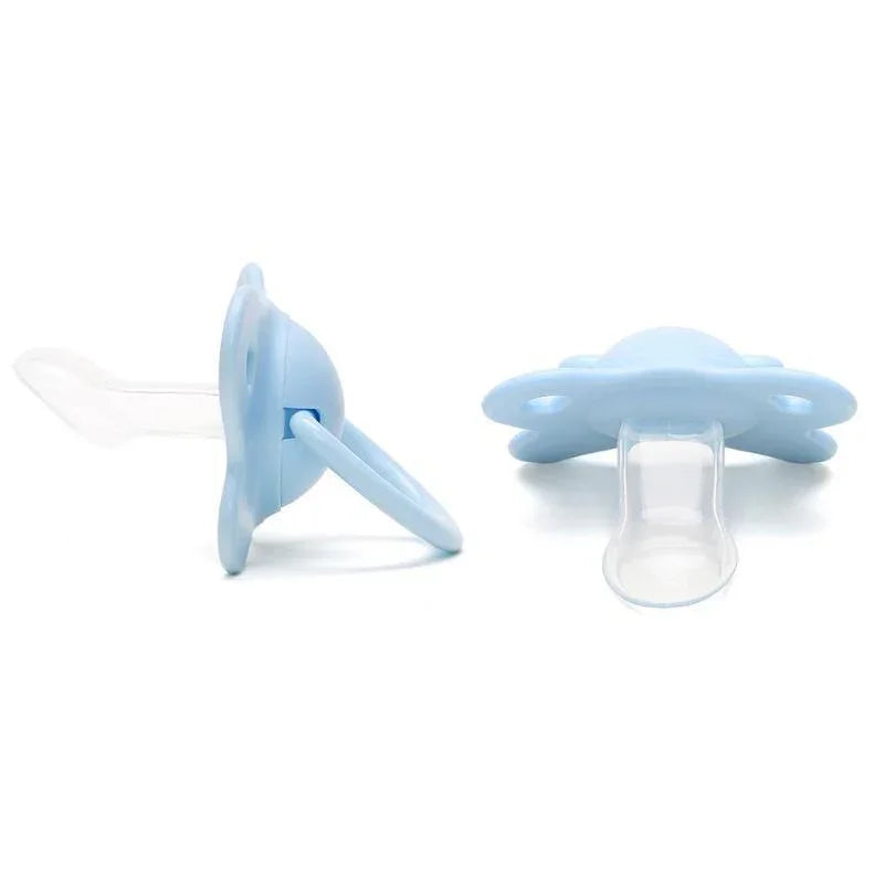 Two light blue silicone baby pacifiers with transparent nipples on white background