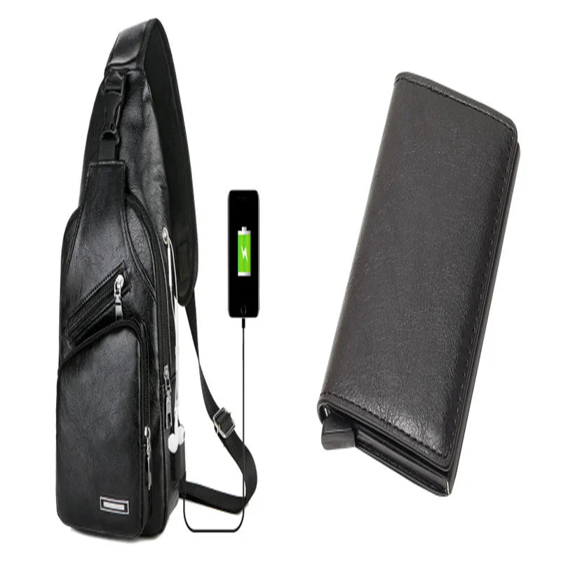 Black leather sling bag with USB charging port and black leather wallet on white background
