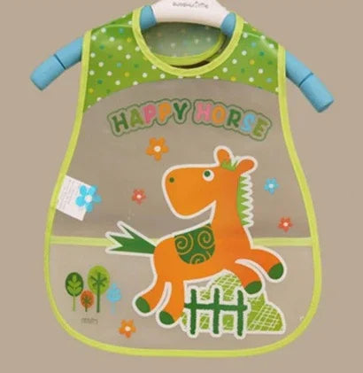 Children's bib with green polka dots, featuring an orange horse and text 'Happy Horse'