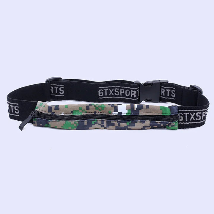 GTXSPORTS black adjustable sports belt with camo zippered pouch for running and outdoor activities