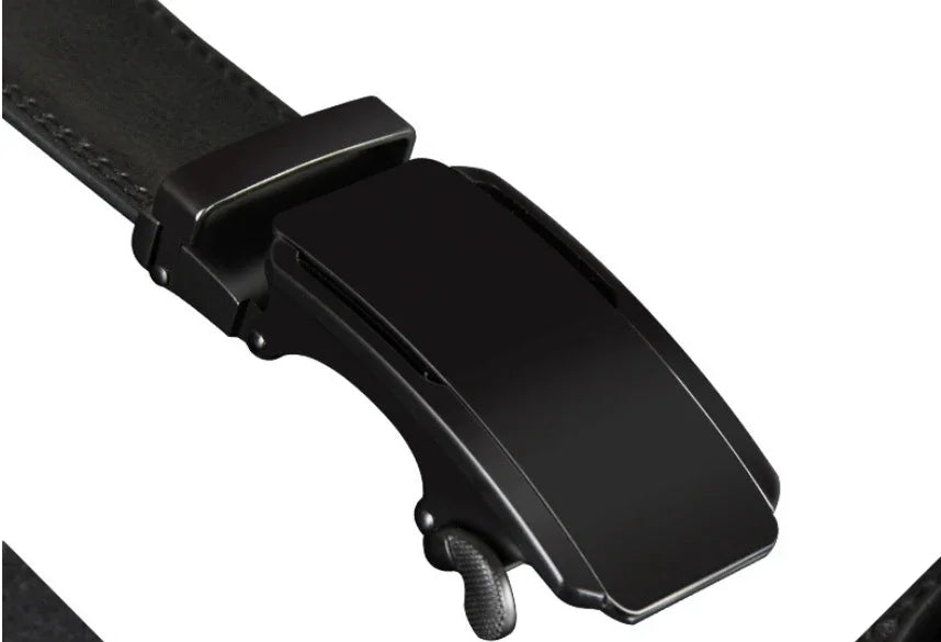 Close-up of sleek black automatic ratchet leather belt buckle with textured release lever