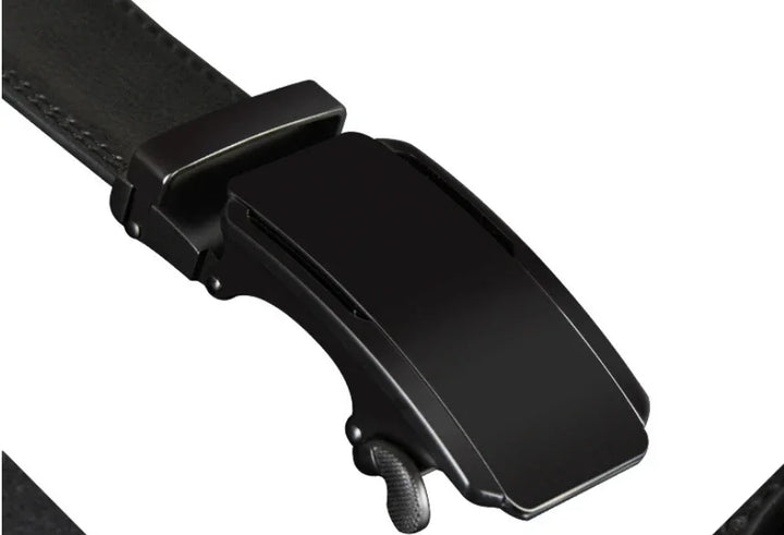 Close-up of sleek black automatic ratchet leather belt buckle with textured release lever