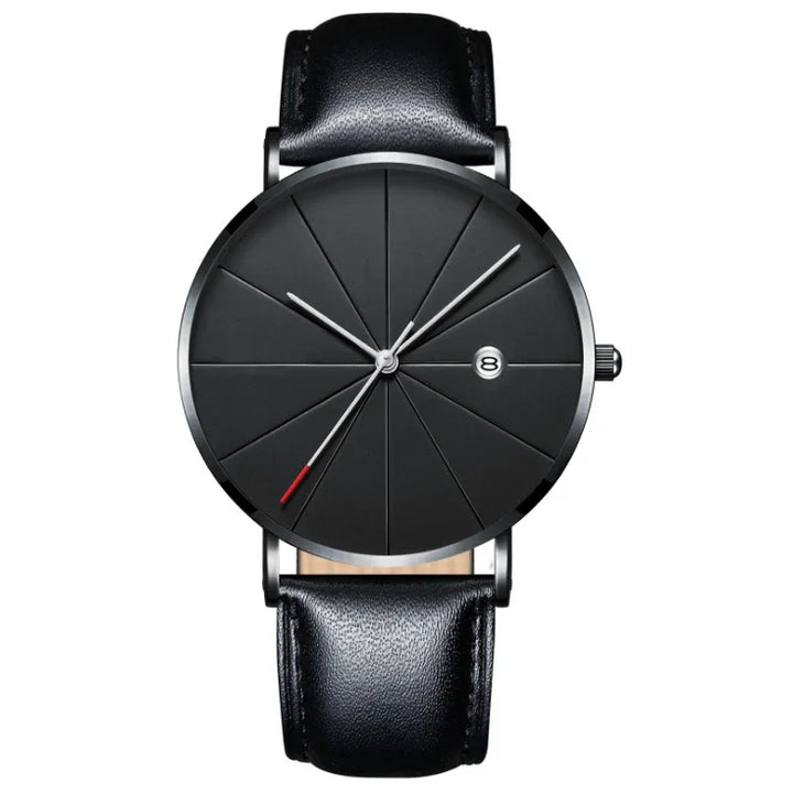 Minimalist black wristwatch with segmented dial, silver hands, date window, and black leather strap
