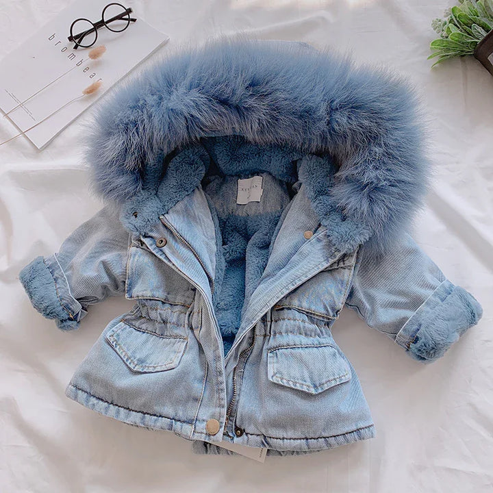 Light blue denim toddler jacket with fur-lined hood and cozy inner fleece on white background