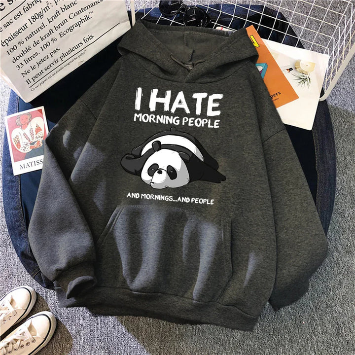 Dark gray hoodie with a cute panda and text I Hate Morning People and Mornings... and People