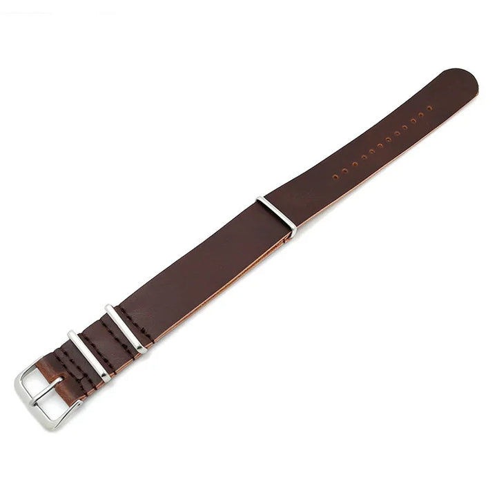 Brown leather watch strap with silver buckle and metal loops on white background