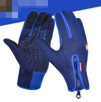 Pair of black and blue winter gloves with zipper detail and textured grip on palms