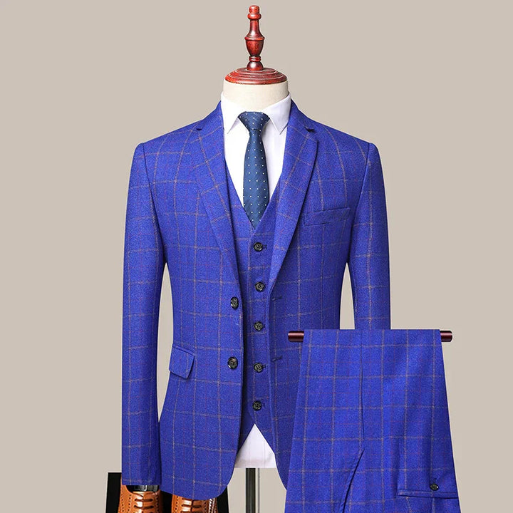 blue checkered three-piece suit with white shirt and navy polka dot tie on mannequin