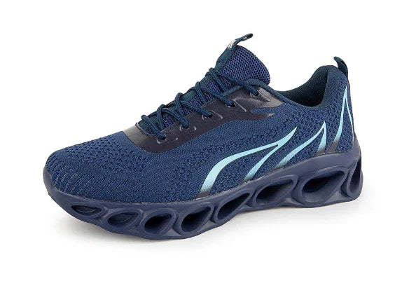 Navy blue athletic sneaker with breathable mesh upper and unique hollow sole design