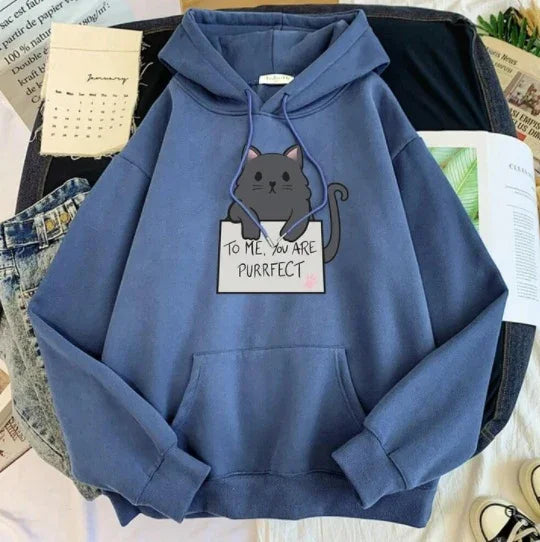 blue hoodie with cartoon black cat and sign reading To me, you are purrfect