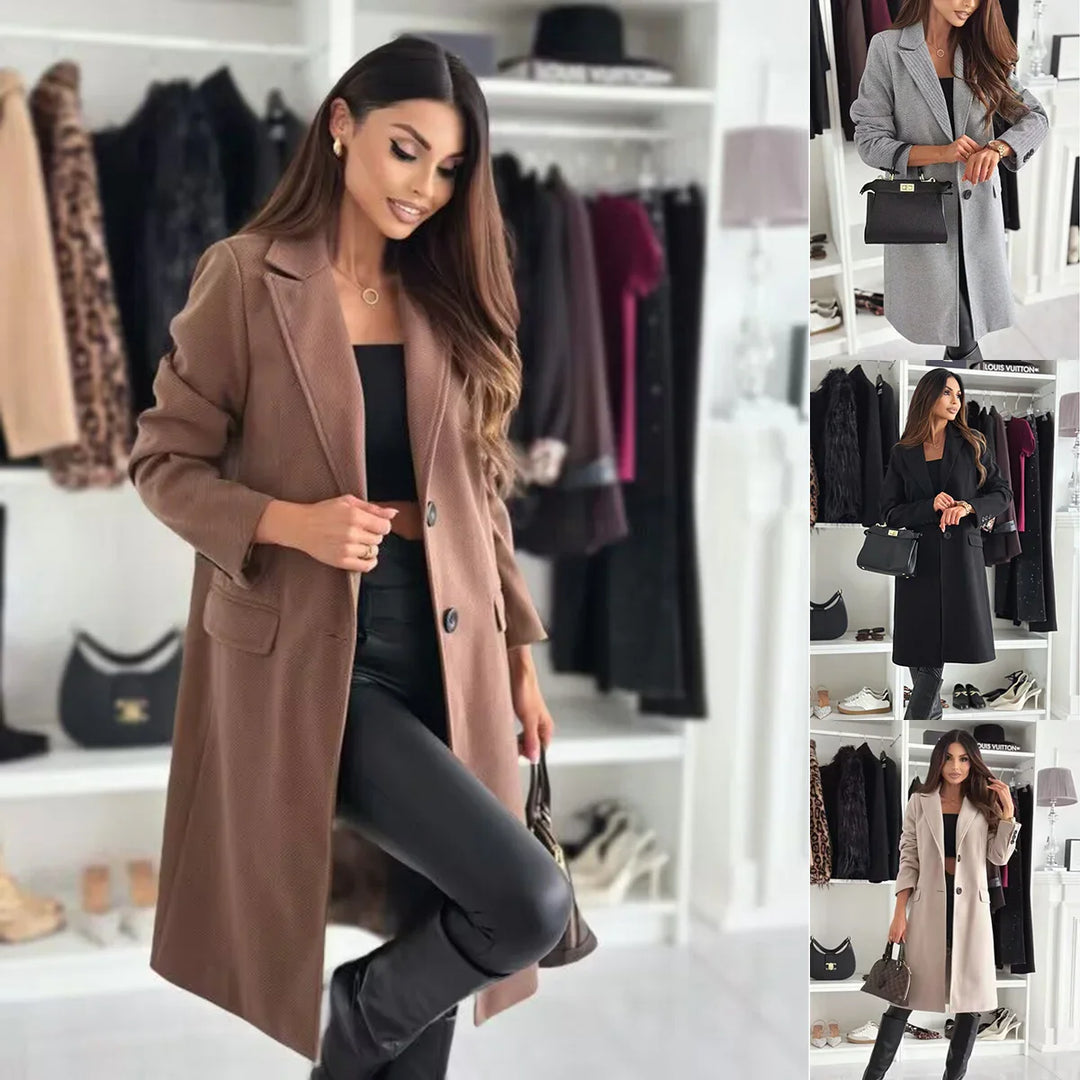 Women modeling stylish long coats in brown, gray, black, and beige in a modern closet setting