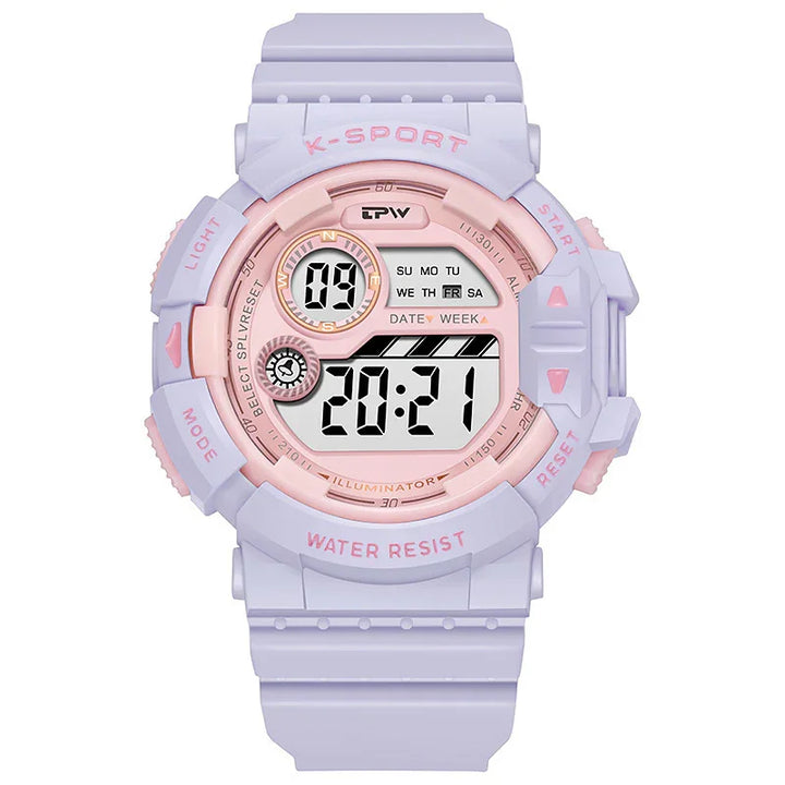 K-Sport digital sports watch in pastel pink and lavender with LCD time, date, and week display