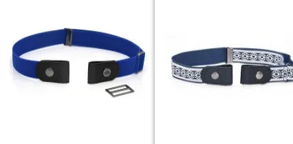 Blue adjustable fabric belt with black snap button ends and detachable metal buckle detail