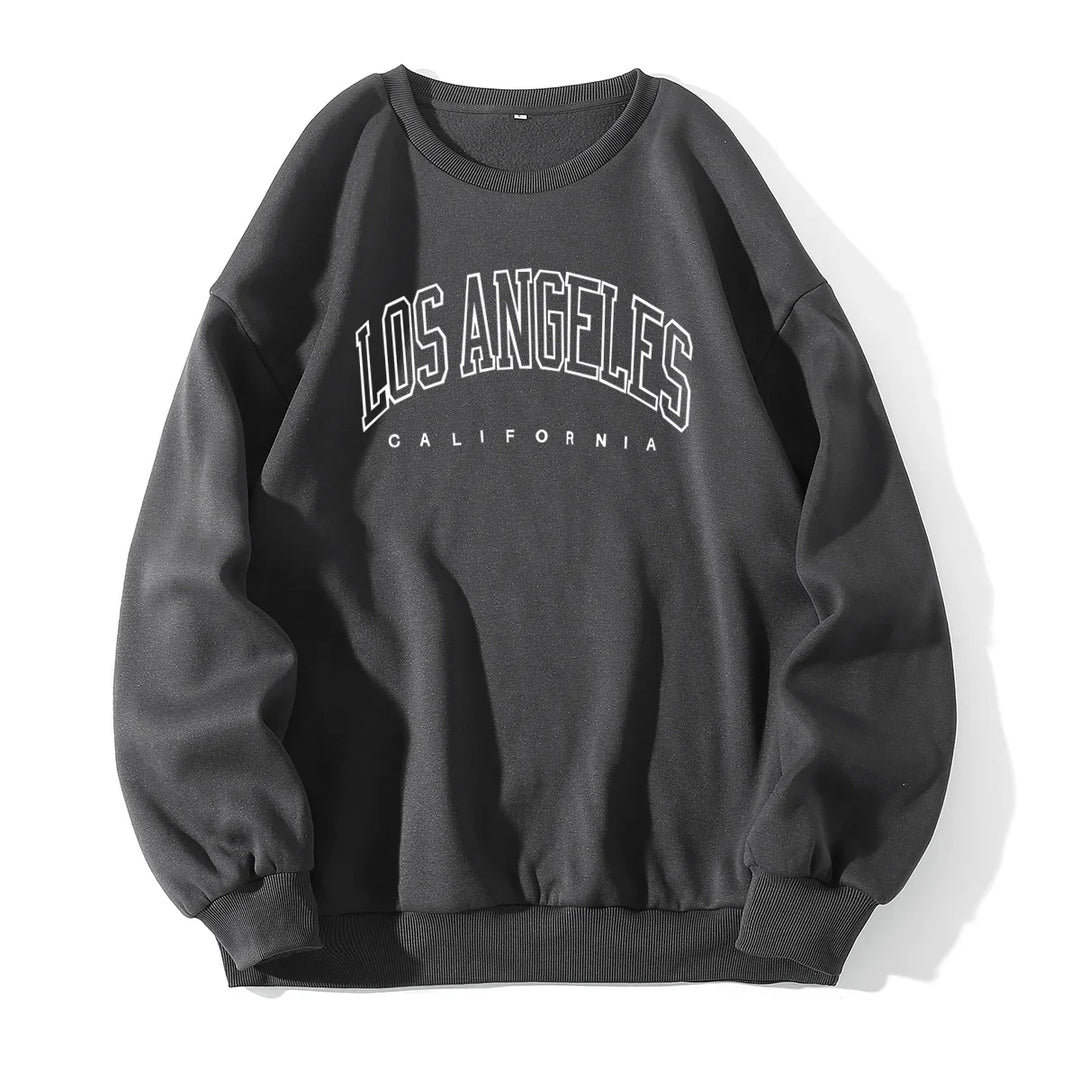 Black Los Angeles California sweatshirt with white printed text and ribbed cuffs