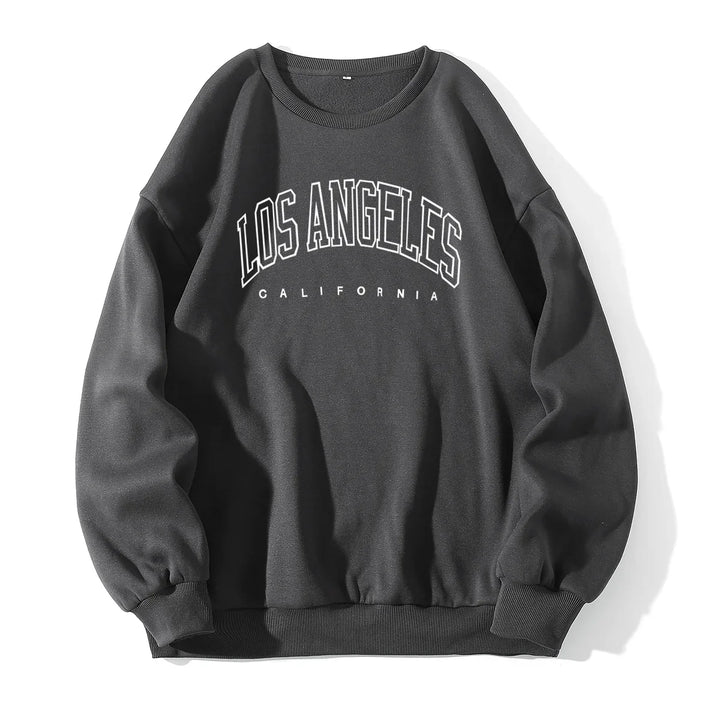 Black crewneck sweatshirt with Los Angeles California text printed on front