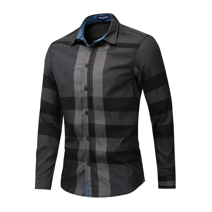 Men's black and gray plaid long sleeve casual shirt with blue inner collar