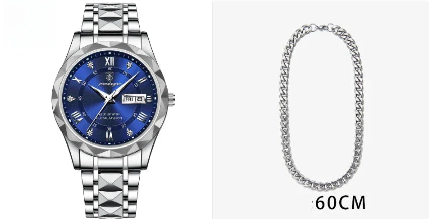 Silver stainless steel wristwatch with blue dial and date display alongside 60cm silver chain necklace