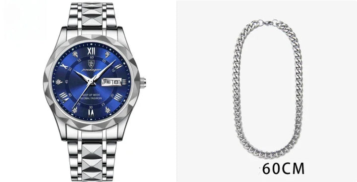 Silver stainless steel wristwatch with blue dial and date display alongside 60cm silver chain necklace