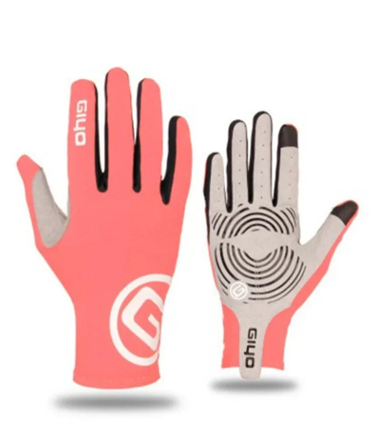 Pair of pink and gray Giro cycling gloves with black grip patterns and touchscreen fingertips