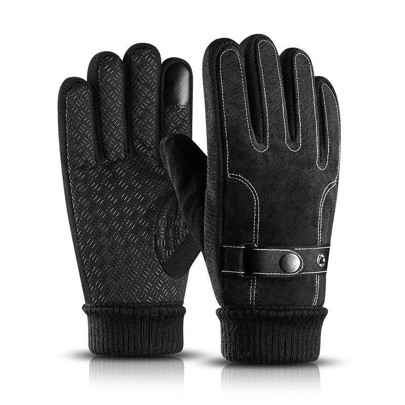 Black winter gloves with textured grip, adjustable strap, and ribbed cuffs for cold weather