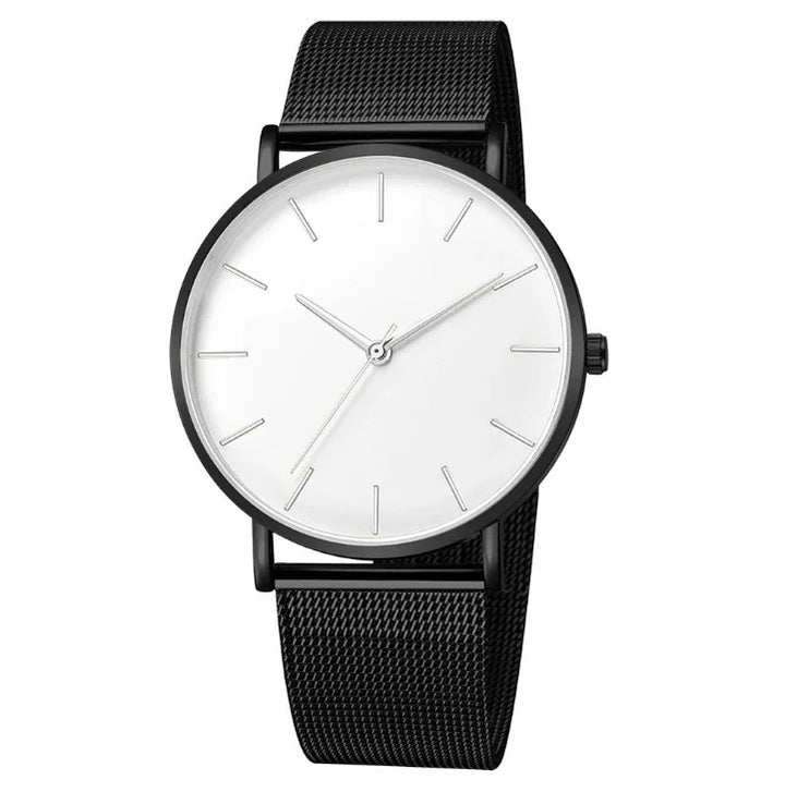 Minimalist black mesh band wristwatch with white dial and silver hour markers