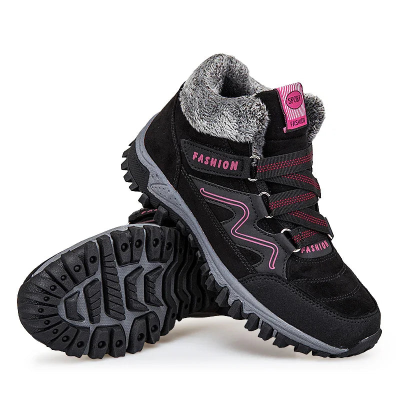 Black winter hiking boots with pink accents, fleece lining, durable tread, and 'Fashion' label