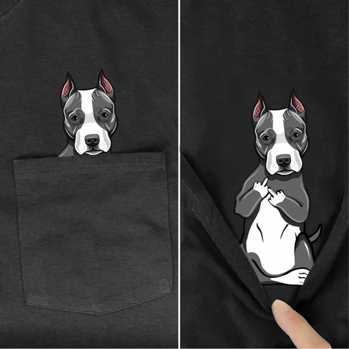 Gray and white pitbull dog cartoon peeking from pocket and flipping middle fingers on black fabric