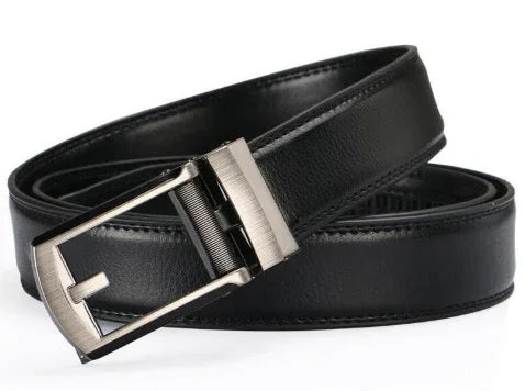 black leather belt with silver metallic automatic buckle on white background