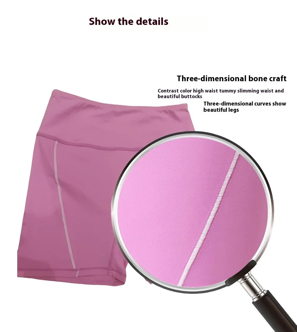 Pink high-waist slimming shorts with three-dimensional bone craft and contrast stitching detail