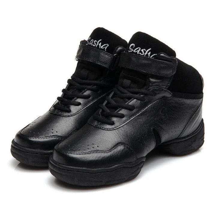 black leather Sasha high-top dance sneakers with laces and ankle strap on white background