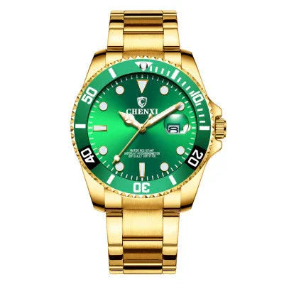 Gold CHENXI wristwatch with green dial and bezel, luminous hands, date display, and metal bracelet