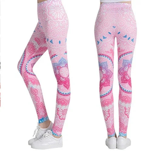 Pink and white mandala pattern yoga leggings shown from side and back views with blue accents and white sneakers
