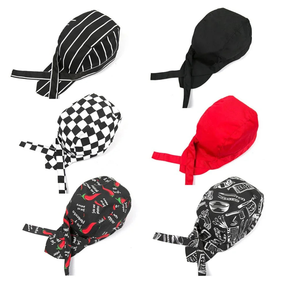 Six chef hats in black stripes, solid black, checkered, solid red, chili print, and kitchen tools print designs