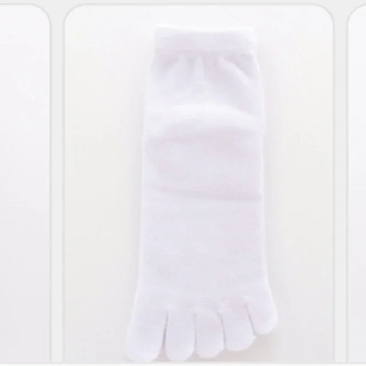 Single white toe socks made of soft cotton fabric displayed on a white background