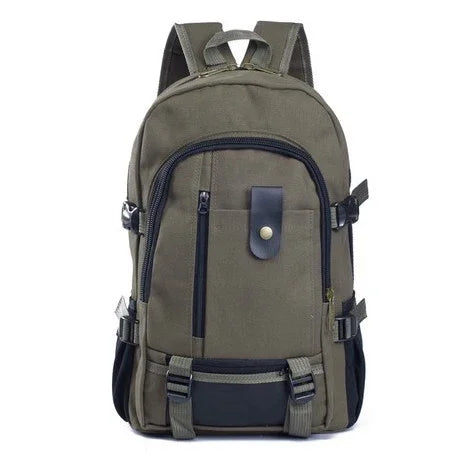 olive green backpack with multiple zippered compartments, black accents, and adjustable straps