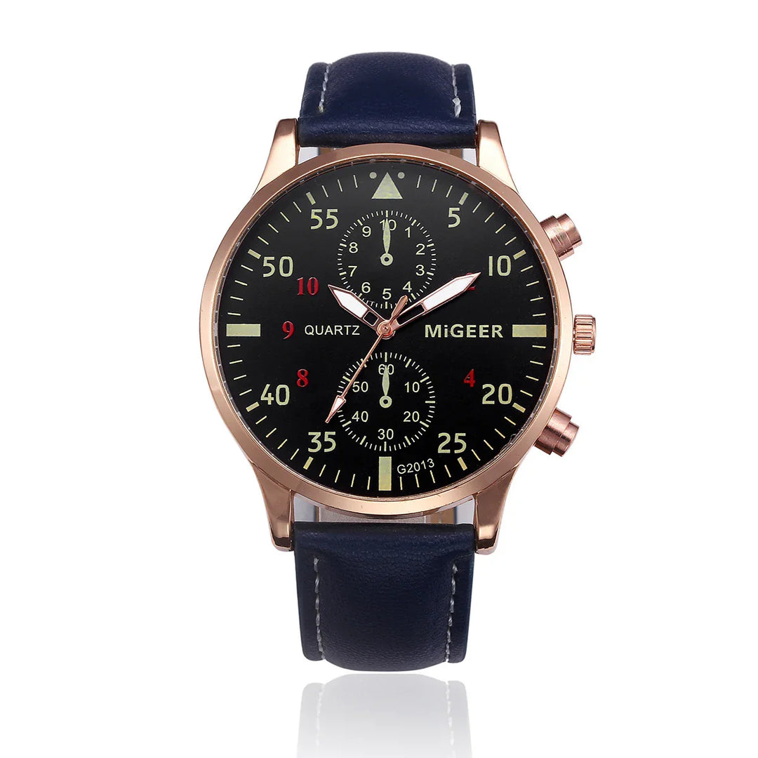 MiGEER quartz wristwatch with black dial, rose gold case, navy leather strap, and dual subdials