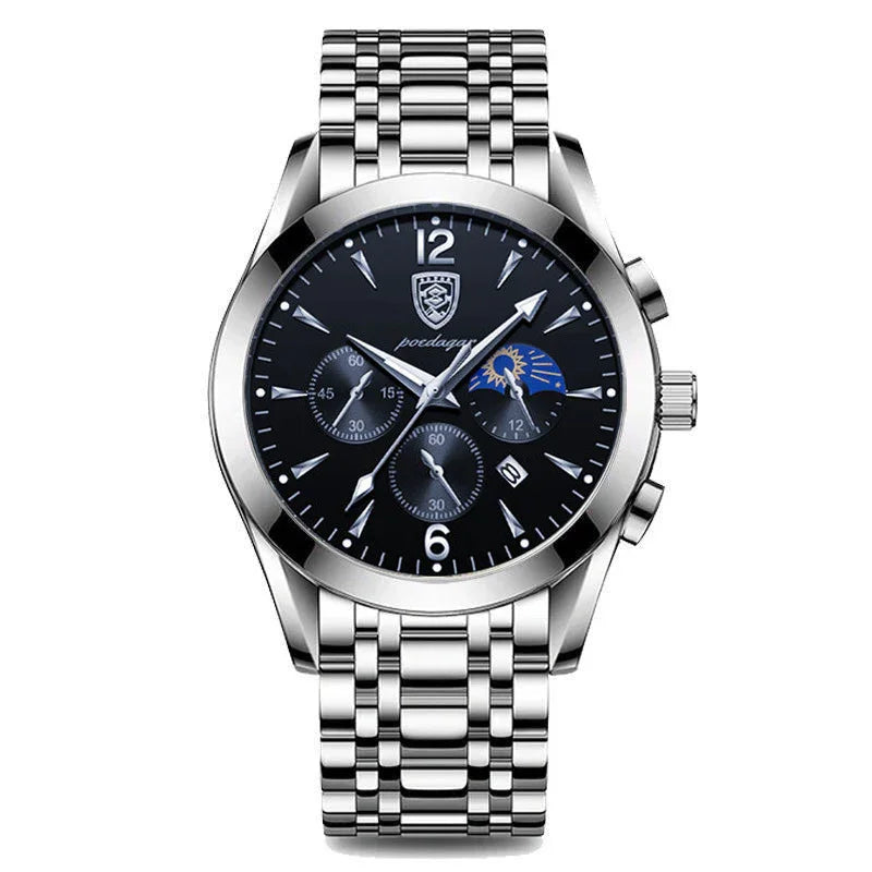 Silver stainless steel men's wristwatch with black dial, three subdials, date window, and sun moon indicator