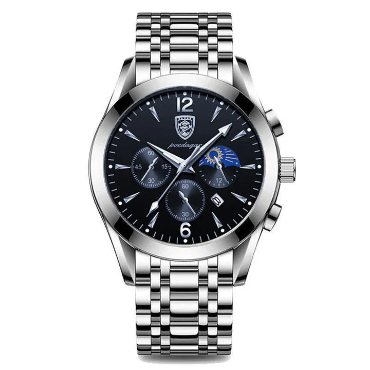 Silver stainless steel men's wristwatch with black dial, three subdials, date window, and sun moon indicator