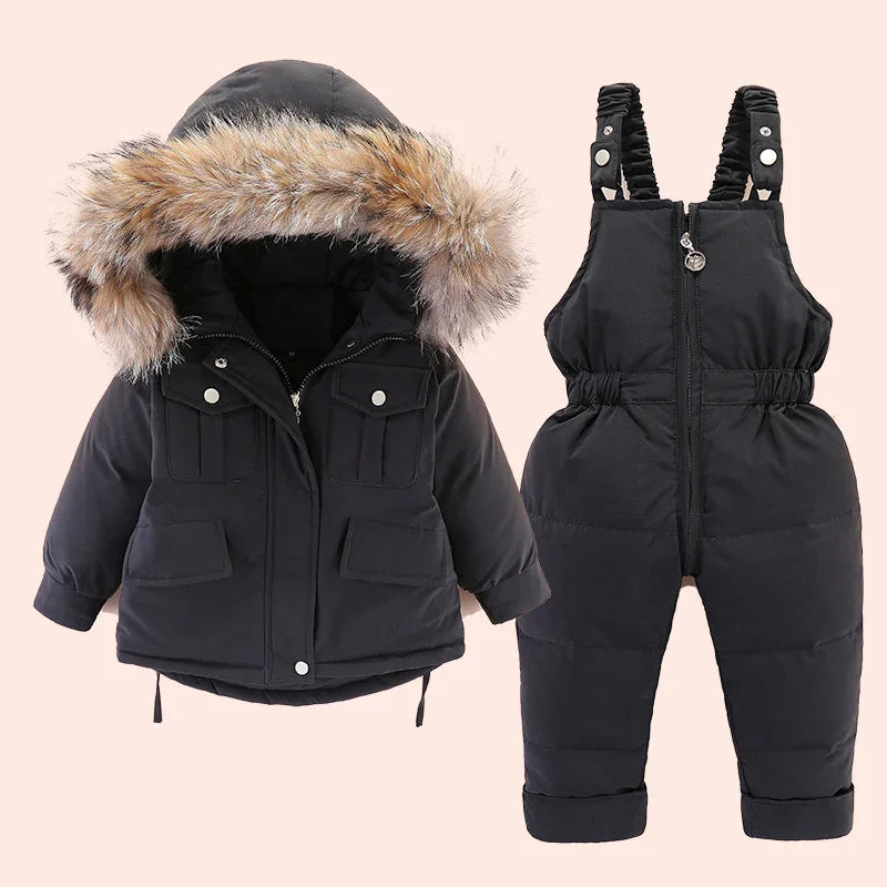 Black toddler winter jacket with faux fur hood and matching insulated snow bib pants
