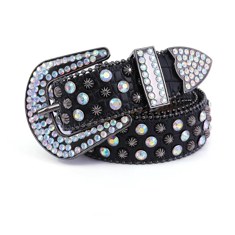 Black leather belt with iridescent rhinestones and metal star studs, embellished buckle and tip