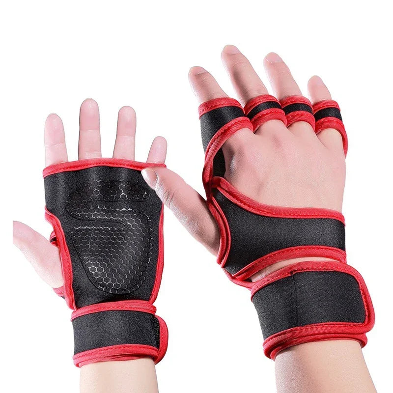 Pair of black and red fingerless workout gloves with wrist support on hands