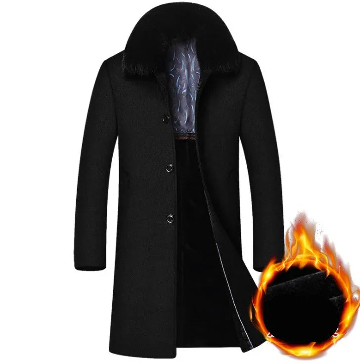 Black men's winter coat with fur collar and warm quilted lining, heat retention feature