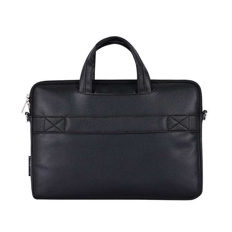 Black leather laptop bag with double handles and minimalist design on white background