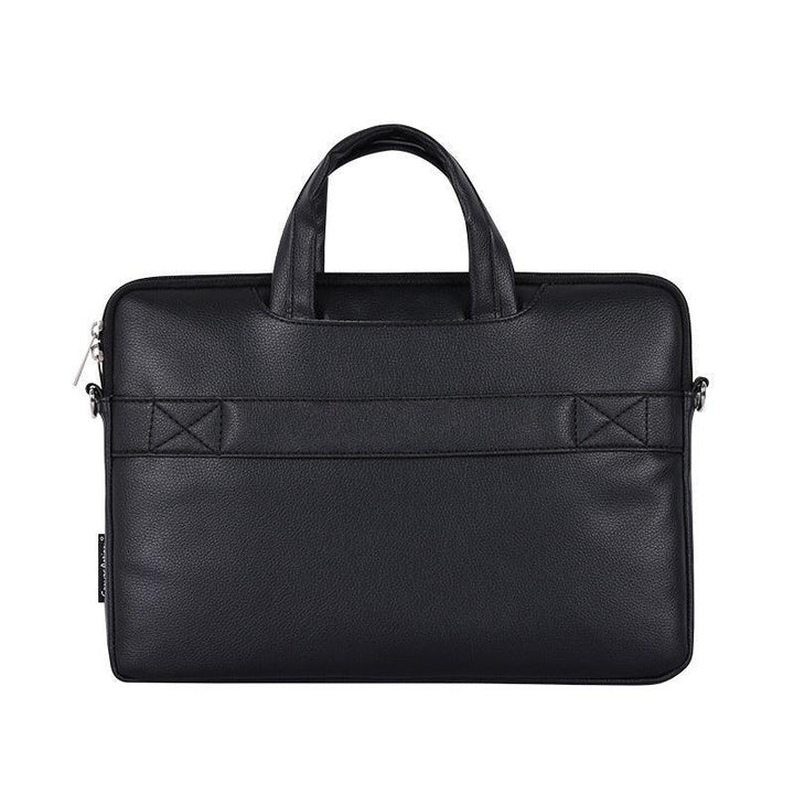Black leather laptop bag with double handles and minimalist design on white background