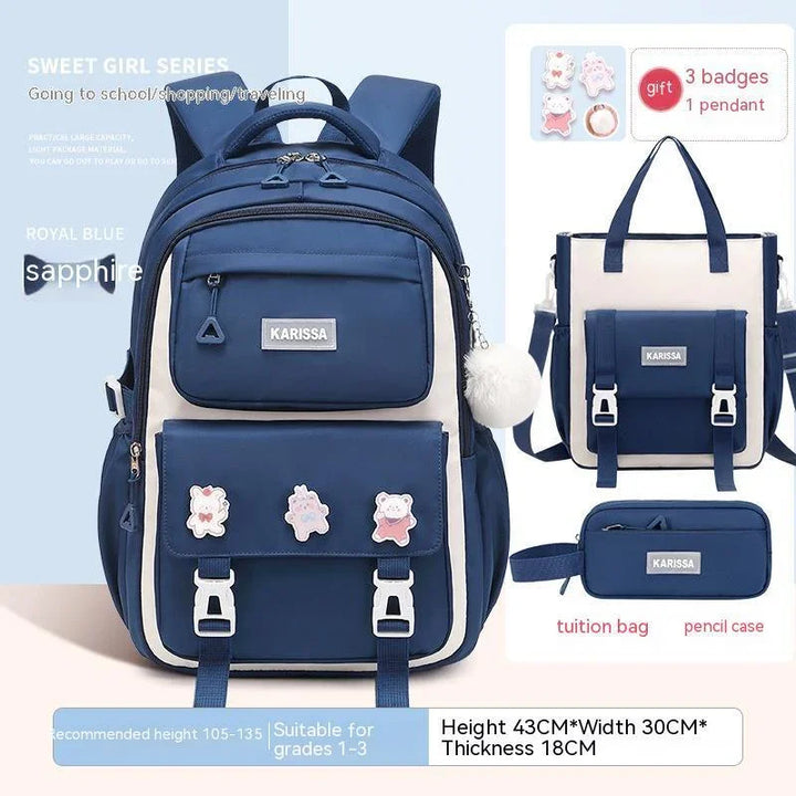 Royal blue and white KARISSA backpack set for girls with badges, tuition bag, and pencil case