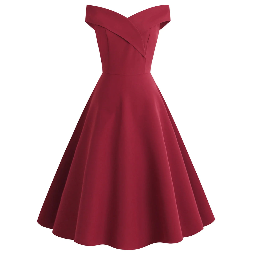 Elegant off-shoulder wine red midi dress with a fitted bodice and flared skirt