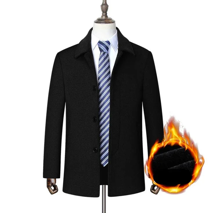 Men's black wool coat with blue striped tie on mannequin, warm fabric shown with fire effect