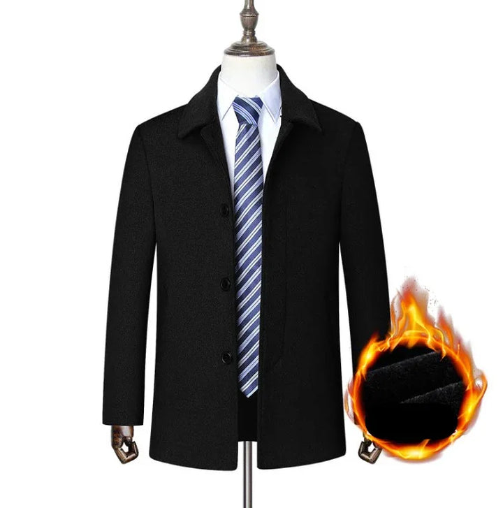 Men's black wool coat with blue striped tie on mannequin, warm fabric shown with fire effect