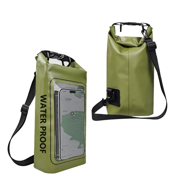 Olive green waterproof dry bag with phone holder, adjustable strap, and roll-top closure